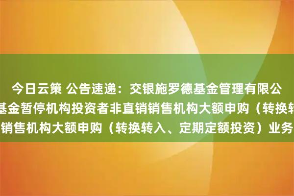 今日云策 公告速递：交银施罗德基金管理有限公司关于交银天益宝货币基金暂停机构投资者非直销销售机构大额申购（转换转入、定期定额投资）业务